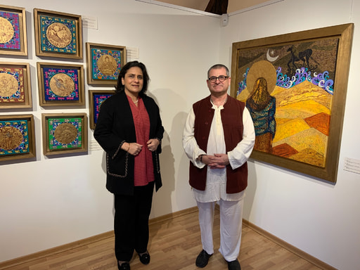 Indian Ambassador to the EU and Belgium Gaitri Kumar Issar at MOSA in Radhadesh during the exhibit of Seema Kohli with Martin Gurvich/Mahaprabhu dasa Director of MOSA