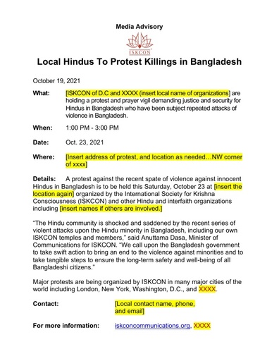 Media Advisory Hindus Protest Killings ISKCON